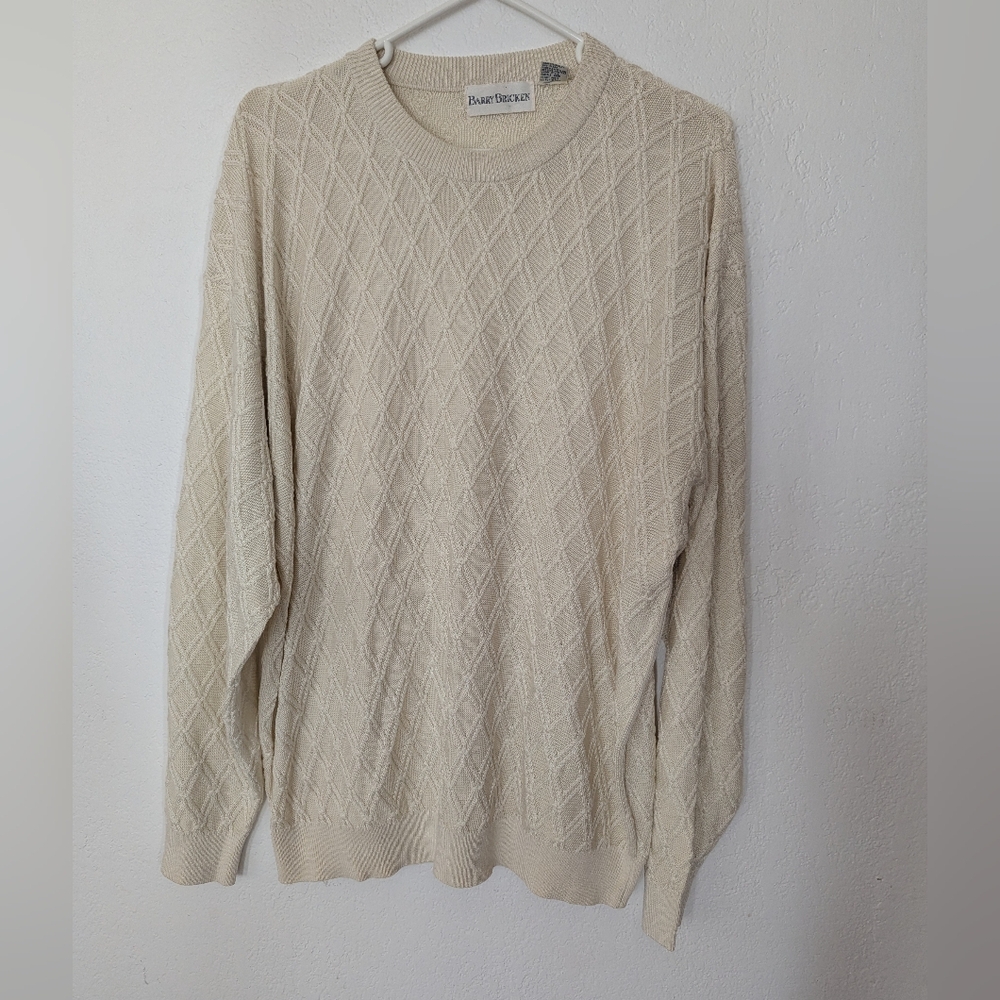 Vintage Barry Bricken Silk Diamond Knit Sweater Size XL Cream Crew Neck Pre Owne